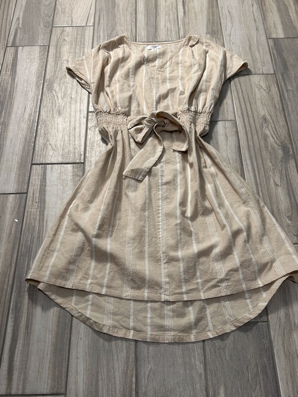Linen Cotton Blend Beige White Hi Low Striped XL Dress Smocked Waist Breathable